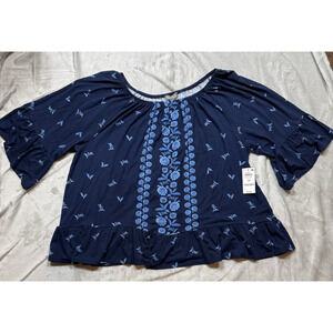 Style & Co NEW Women Blouse/Top Plus 3X Blue Printed 3/4 Sleeve Stretch Pullover